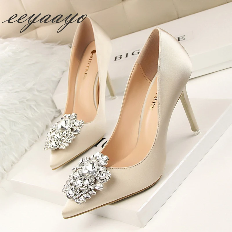

2022 New Spring/Autumn Women Pumps High Thin Heel Pointed Toe Slip-On Shallow Sexy Elegant Crystal Women Shoes Gold High Heels