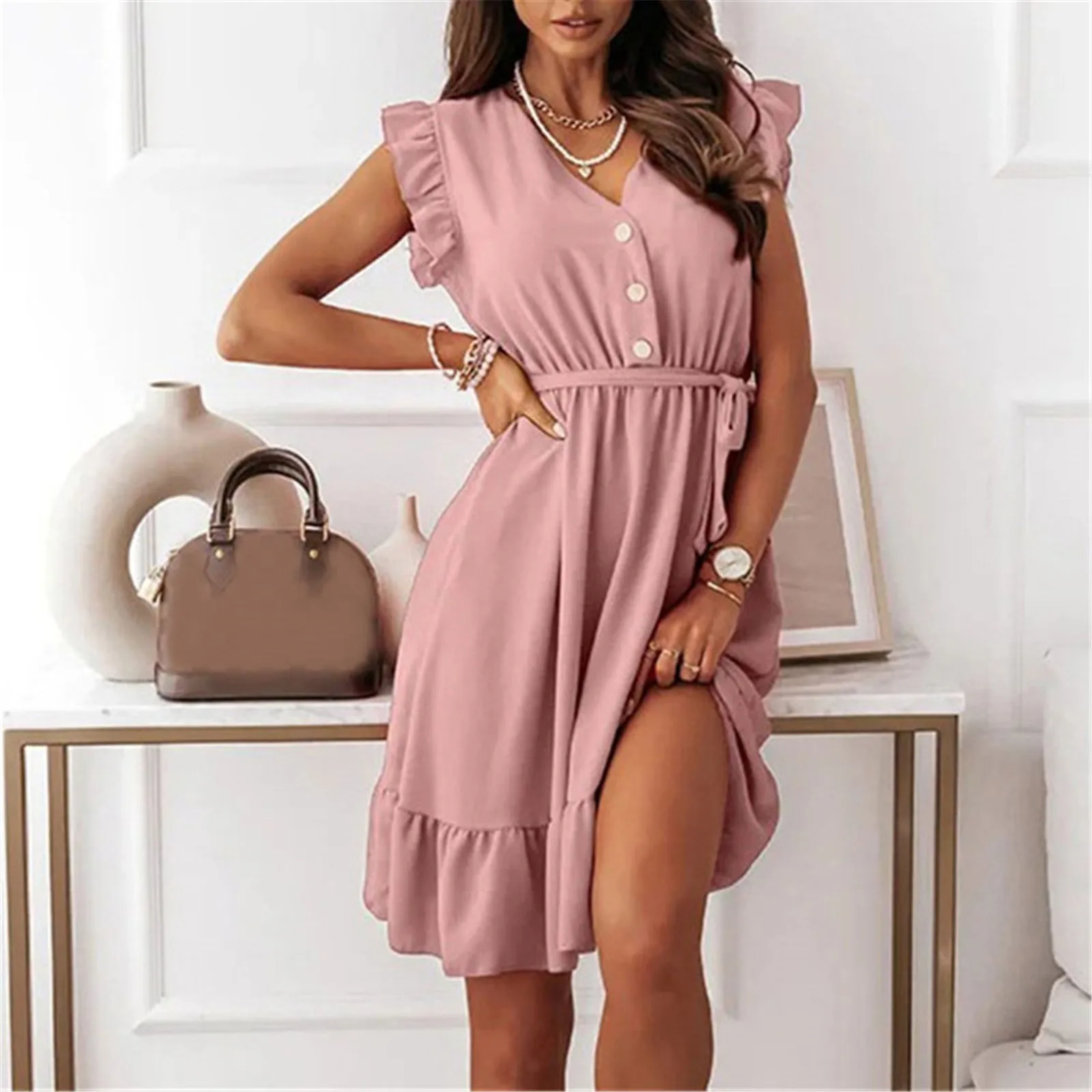 

Women Summer Chiffon Mini Dress Butterfly Sleeve V-Neck A-Line Slim Dress With Belt Party Nightclub Lettuce Trim Dress Vestidos