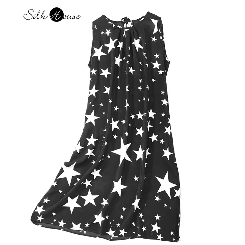 

2022 Summer New Silk Dress Black Five Pointed Star Printed Mulberry Silk Temperament Sleeveless Vest Dress