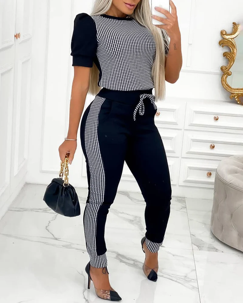 

2022 Spring New Women Sets Short Puff Sleeves Drawstriing Plaid Pattern Top Lady Sporty Jogger Clothing