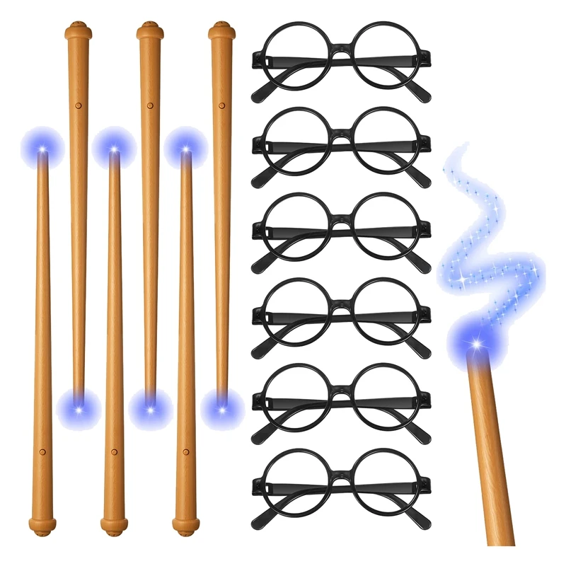 

12Pcs Light Up Wizard Wands And Glasses Wizard Party Supplies Sound Illuminating Witch Wand Magician Wand Wizard Glasses