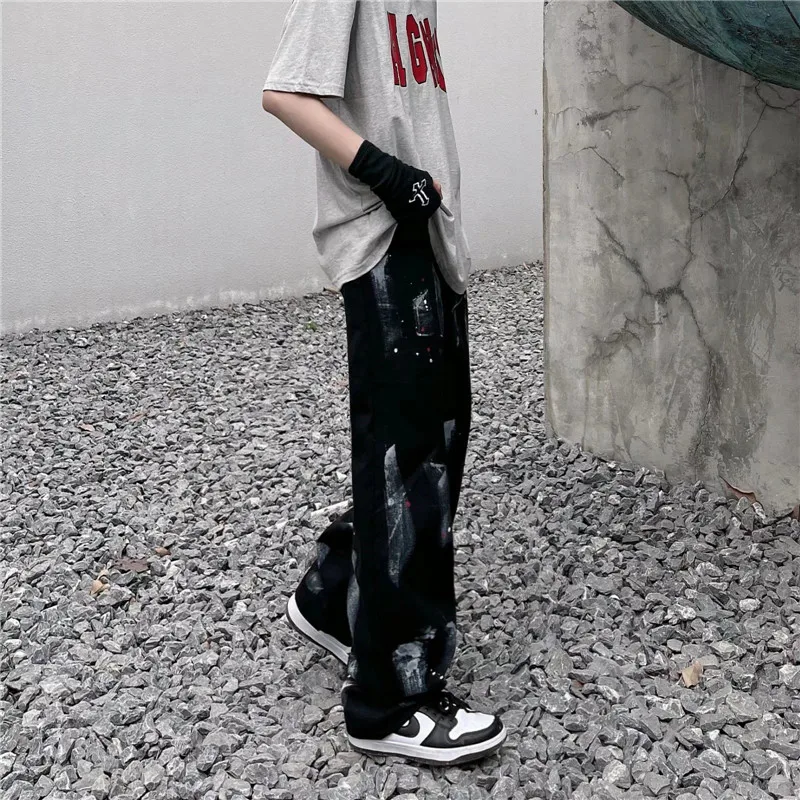 Men Jeans Ins Hip Hop High Street Ink Splash Jeans Y2k Korean Version Fashion Street Loose Straight Jeans Ins Hot Sale Softener