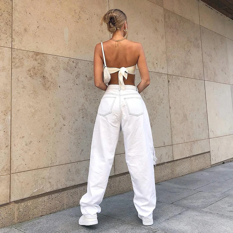 Mid Waist Boyfriend Fashion Loose Destroyed Women's Classic Hole Baggy Jeans White Women's Vintage Pants Wide Leg Jeans Trousers