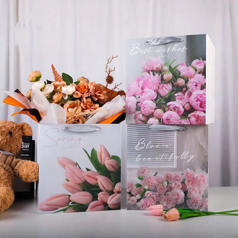 Y Box Printed Tulip Carnation Gift Bags Square Large White Cardboard Bouquet Rope Handle Bag