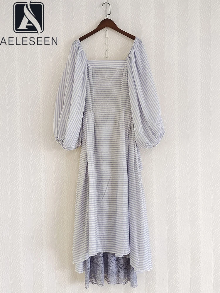 

Женское асимметричное платье AELESEEN, подиумное платье с квадратным воротником и рукавами-фонариками, в полоску, с кружевом, на весну и осень, вечерние