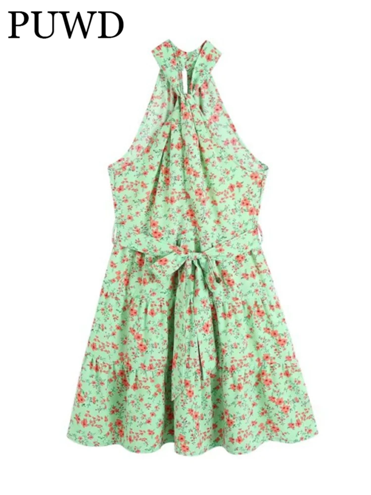 

Платье женское с цветочным принтом, воротником хомутом и бантом на талии