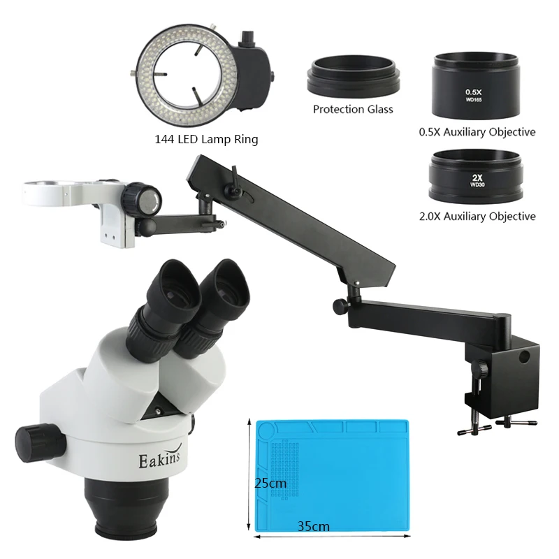 

3.5X-90X Continuous Zoom Binocular Stereo Microscope 144 LED Light Multifunction Articulating Arm Pillar Bracket For Lab Repair