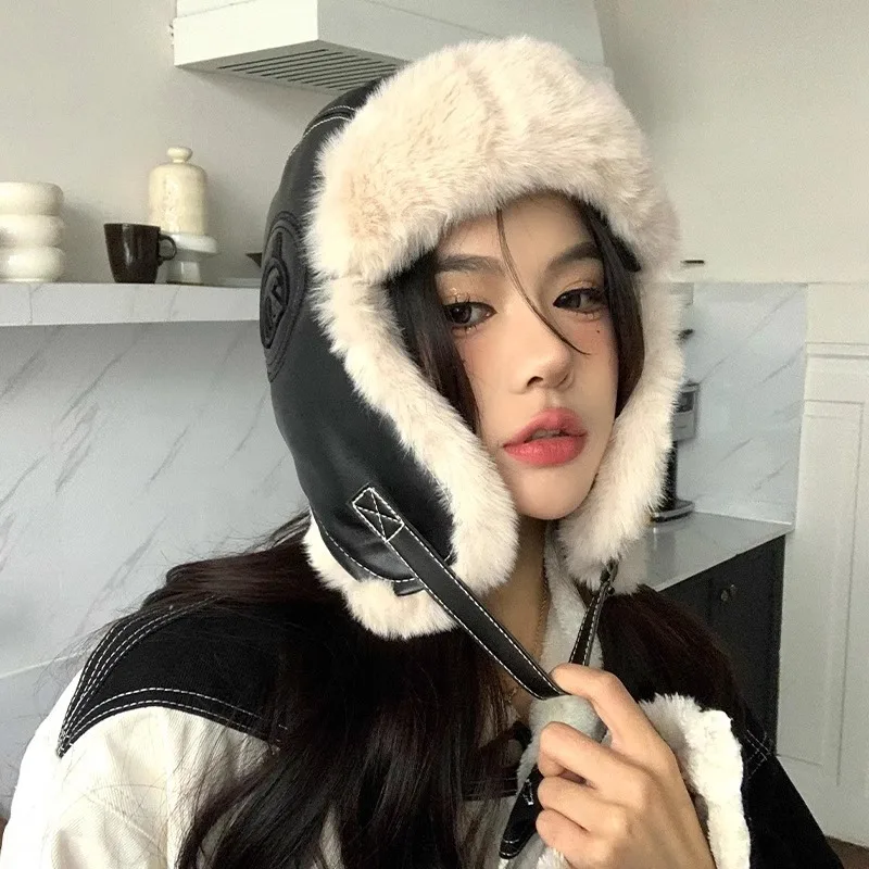 Ушанка женская осенне-зимняя утолщенная теплая кожаная плюшевая шапка Tide для