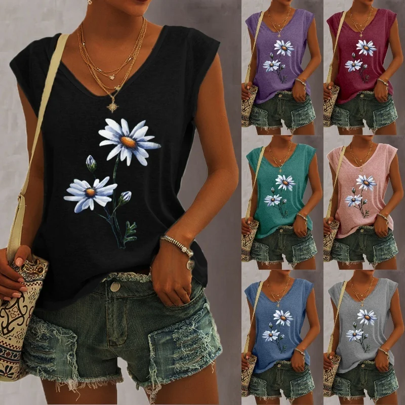 Summer 2022 Women 5 Color Ladies Fashion Floral Print Casual Tank Top Loose Sleeveless Tank Top V Neck T Shirt