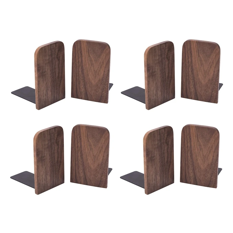 

8Pcs Wooden Bookends With Metal Base Heavy Duty Black Walnut Book Stand With Anti-Skid Dots