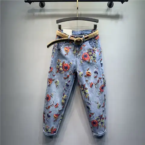 Flower Jeans Woman 2022 Spring New High-Waist Loose-Fit Pants Personality Printed Denim Harem Pants Women's Jeans Jean Femme