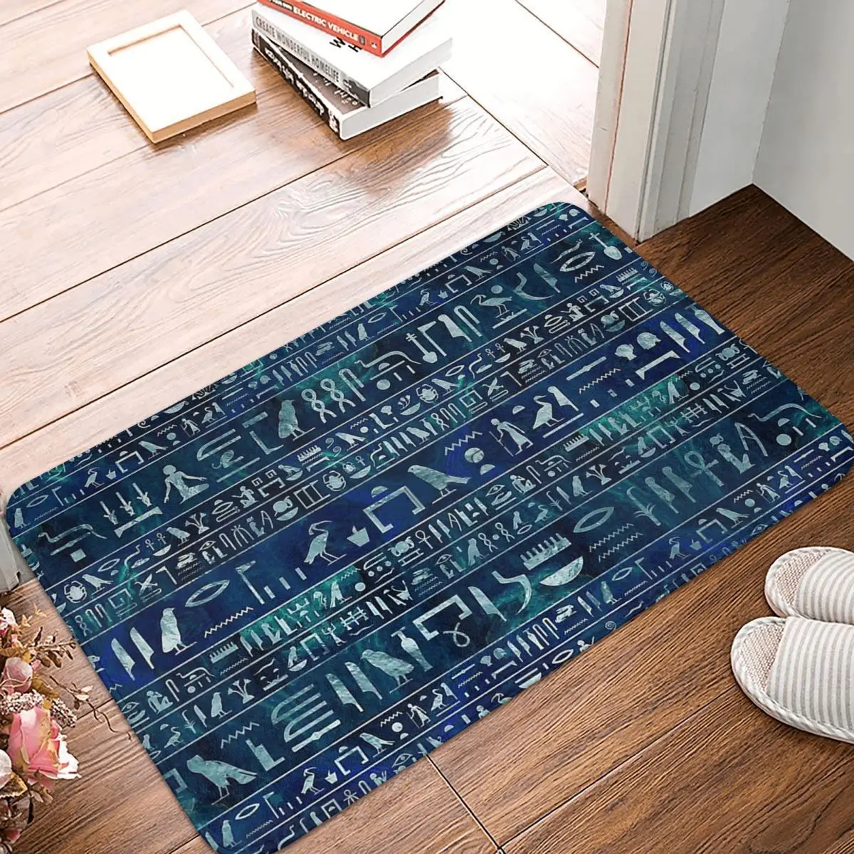 

Ancient Egypt Egyptian Bath Mat Hieroglyphs Silver On Blue Painted Texture Doormat Kitchen Carpet Outdoor Rug Home Decor