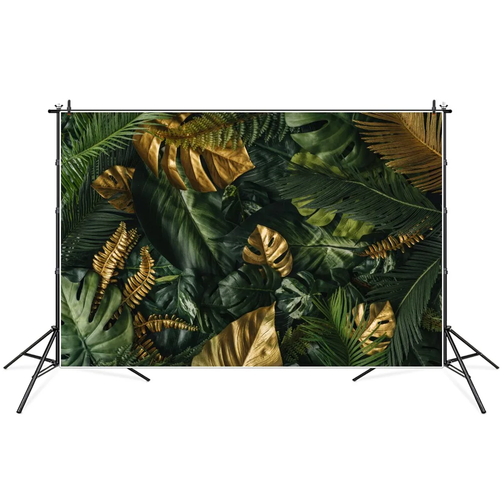 

Tropical Leaves Wall Party Decoration Photography Backgrounds Custom Golden Monstera Leaf Summer Holiday Photo Studio Backdrops