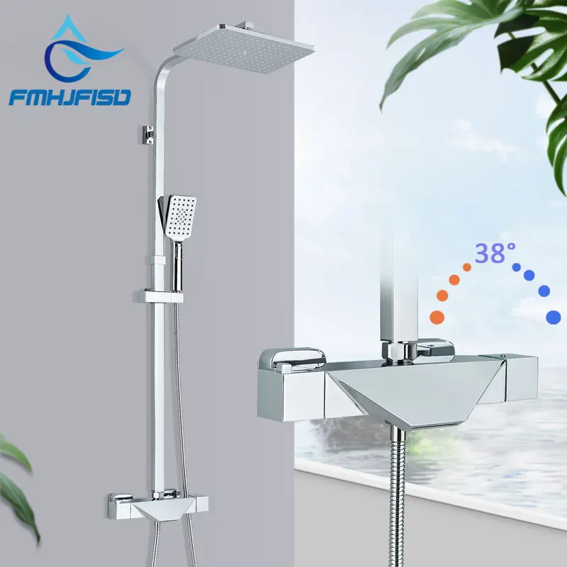 

Матовый черный смеситель для душа, термостатический душевой набор с двойной ручкой, смеситель «Водопад» для ванны и душа, смеситель с термо...