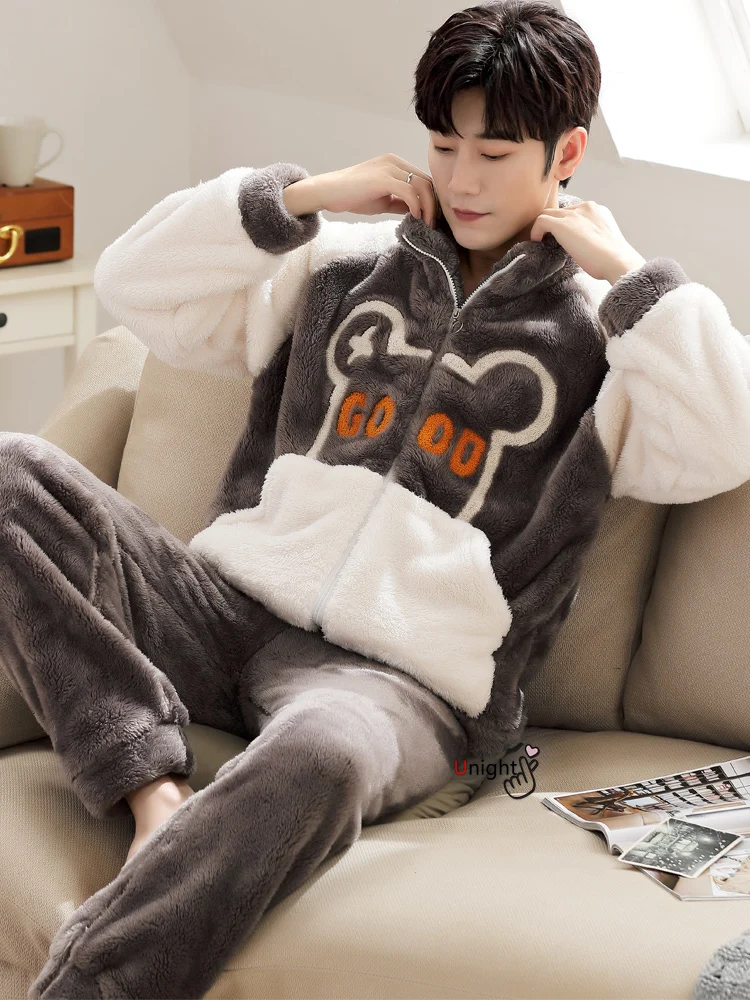 Oversize M-5XL Winter Man Stand-up Collar Pijamas Outwear Nightwear Plush Shaggy Christmas Pajamas Boy Fleece Warm Pijamas
