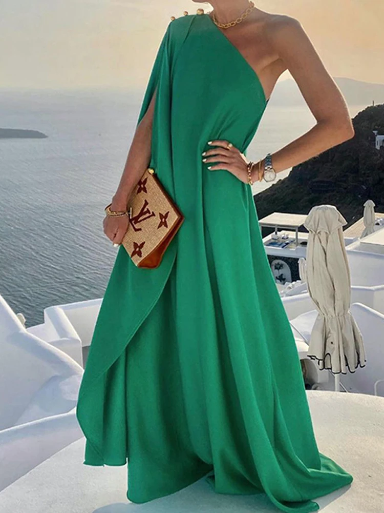 

Асимметричное однотонное Привлекательное платье в стиле бохо, пляжная одежда 2023, женское элегантное облегающее платье макси на одно плечо с бретельками, A175