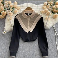 lace mesh patchwork shirt women embroidery casual long sleeve tops autumn office chiffon blouse loose tops shirts female blusas