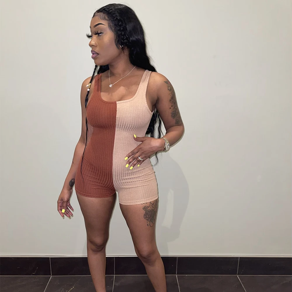 

Sleeveless Rib Knitted Bodycon Jumpsuits Women 2022 Casual Sport Short Rompers Ladies Patchwork color Summer Fitness Outfits