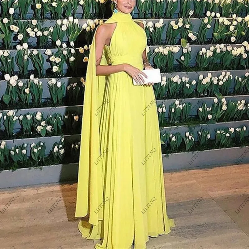 Элегантное ярко-желтое вечернее платье LIYYLHQ с высоким воротником и накидкой