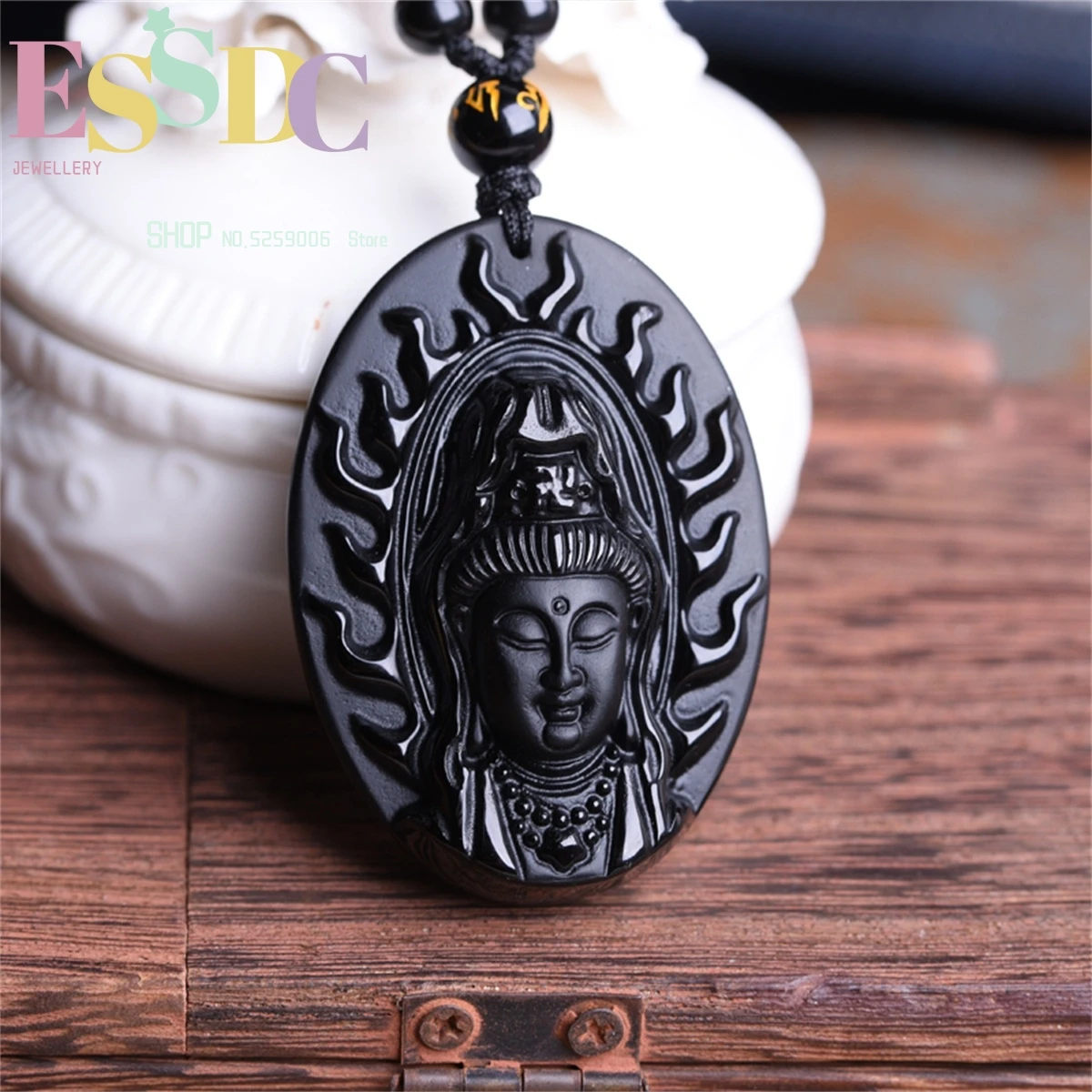 

Natural Obsidian Guanyin Bodhisattva Head Pendant Necklace Life Buddha Jewellery Charm Jade Fashion Women's Men's Amulet Gift