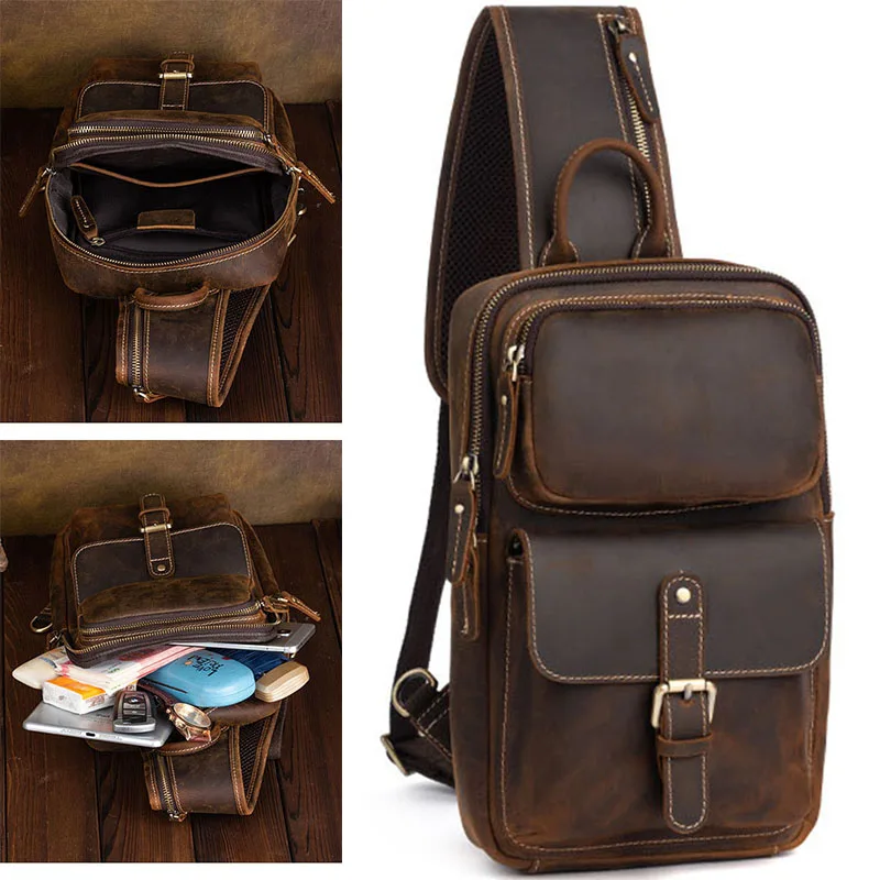 

Retro Men's Genuine Leather Top Layer Cowhide Shoulder Bags Waterproof Crossbody Travel Sling Messenger Pack Chest Bag for Male