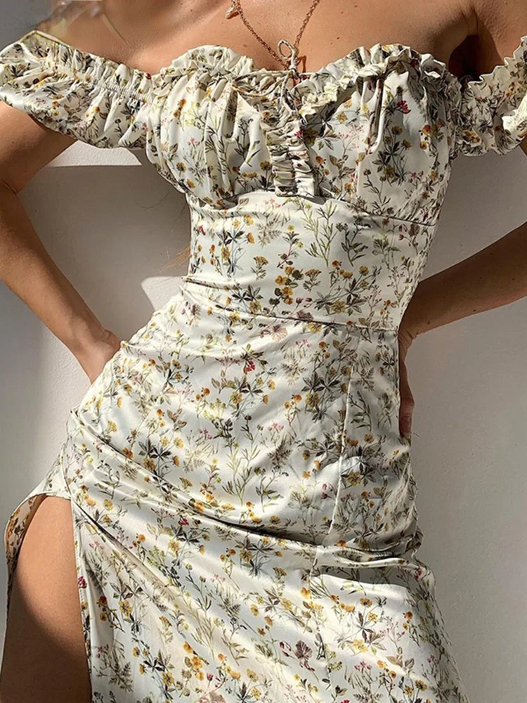 

dinboa- Summer Flowers Off Shoulder Puff Sleeve Maxi Dress For Woman Robe Sexy Lace Up Side Split Chic Mid-calf Aesthetic