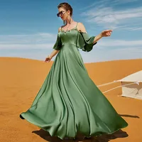 Green Sexy Boat Neck Bare Shoulders Suspenders Hand-stitched Diamond Slip Dress Abaya Arab Long Party Dress for Muslim Woman