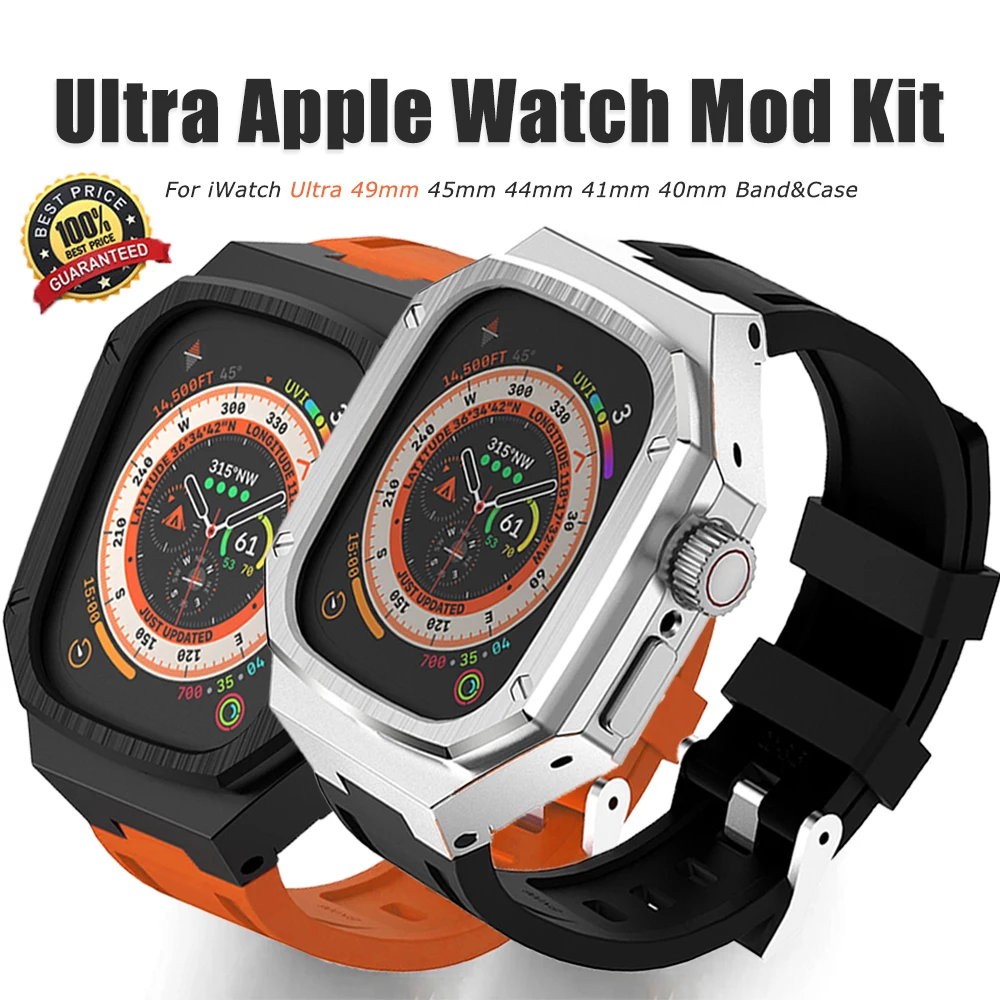 Mod Set Steel Case Strap For Apple Watch Ultra 8 7 6 5 4 49mm 45mm 41mm Rubber Sport Band Metal Modification Kit Glass Protector