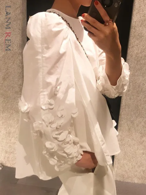 LANMREM Casual Blouse For Women Spliced Flower Round Neck Long Sleeves Designer Tops Female Clothing 2023 Spring New 2YA1888 1