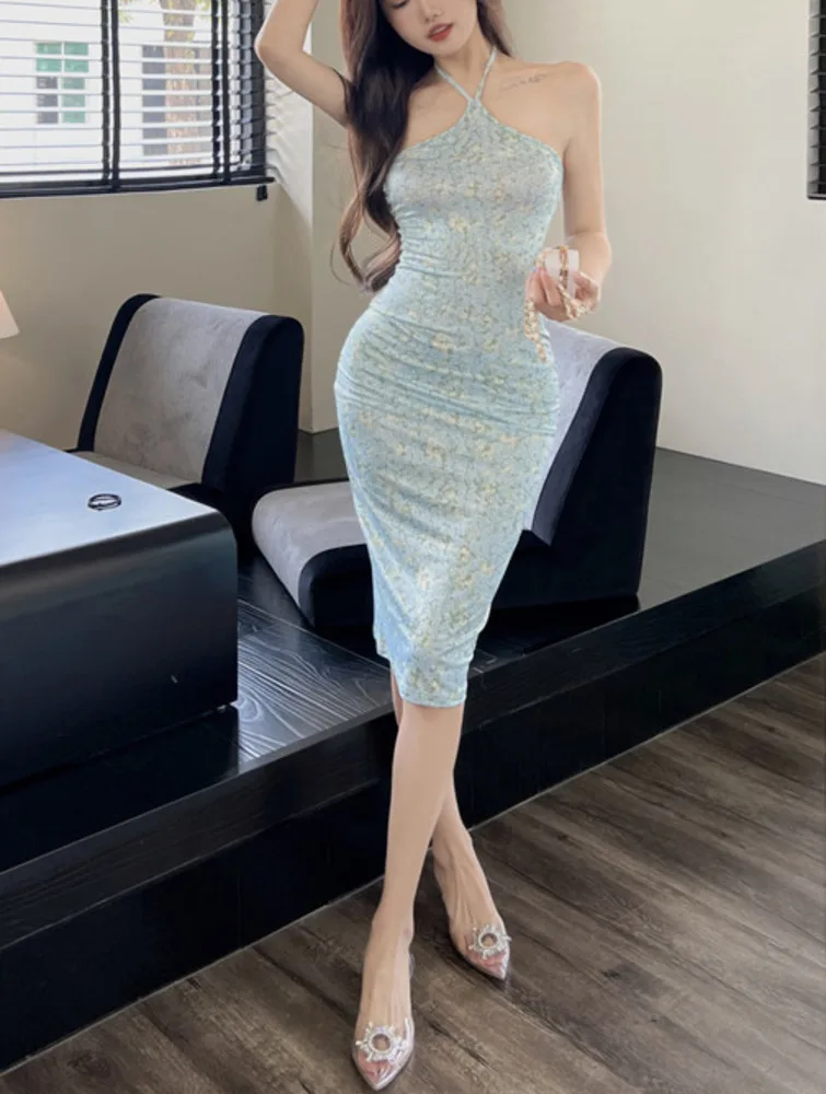 Женское платье с лямкой на шее, зеленое платье с цветочным принтом, Осень-зима