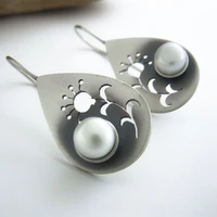 ethnic antique silver color metal leaf earrings classic round imitation pearl statement drop dangle earrings for women jewelry