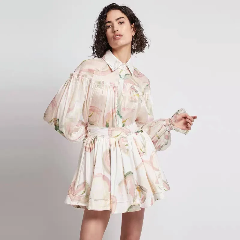 

2022 Новинка, Медоносная персиковый Шелковый кружевной топ с вышивкой ушей + мини-юбка из чистого хлопка, праздничный стиль, костюм для отдыха