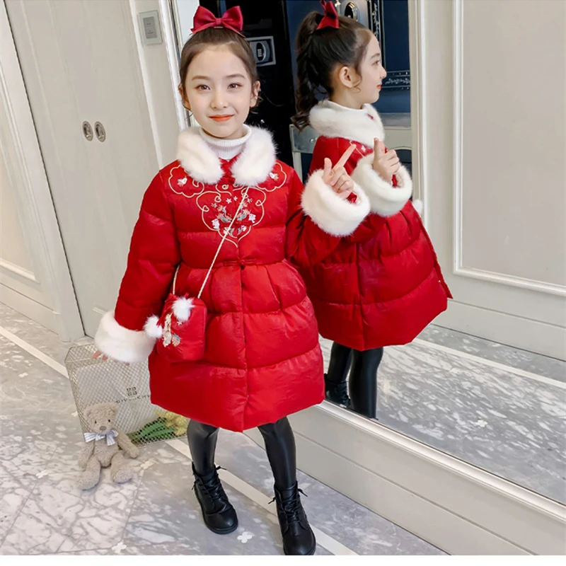 

Winter Girls Chinese National Style Warm Parka Dresses Children New Year Long Coat Big Fur Collar Emboridery Kids Clothes TZ431