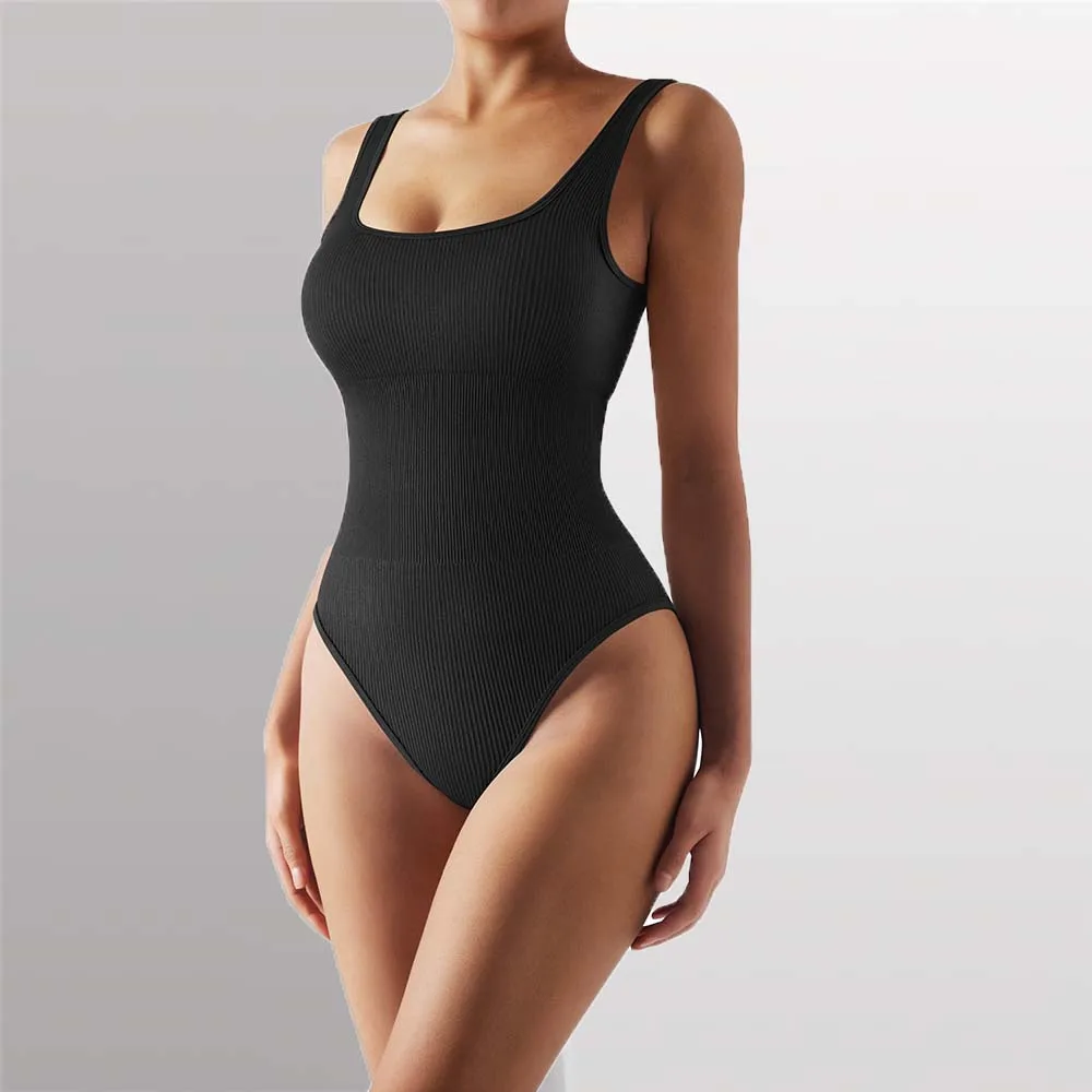 

Yoga Set Women Ribbed Sexy Bodysuit Square Neck Padded Tank Top Compression One Piece Bodysuits For Fitness Seamless Jumpsuits