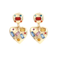 luxhoney korean simple style gold plated heart shape metal drop earring for women ol with colored rectangle glass stone inlaid