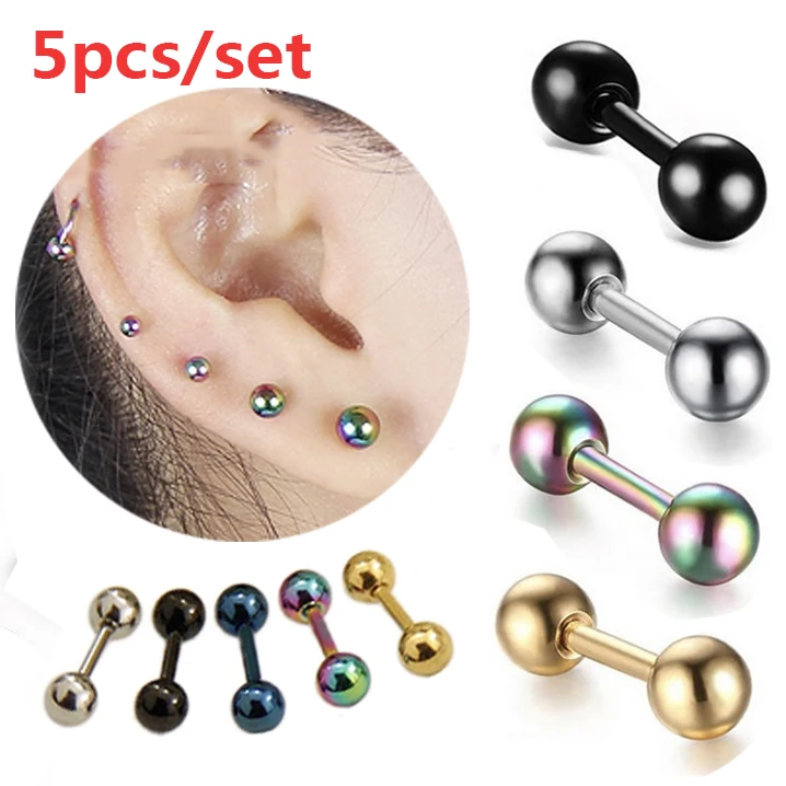 

5pcs Stainless Steel Dumbbells Stud Earrings Classic Trendy Simple Style Earring Studs For Women Girls Fashion Jewelry Gifts