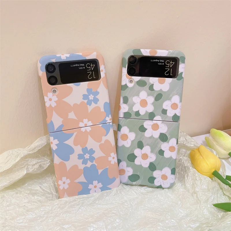 

Fresh Style Hand Painted Flowers Phone Case for Samsung Galaxy Z Flip 4 3 Hard Cover for ZFlip3 Zflip4 Solid Shell Bracket