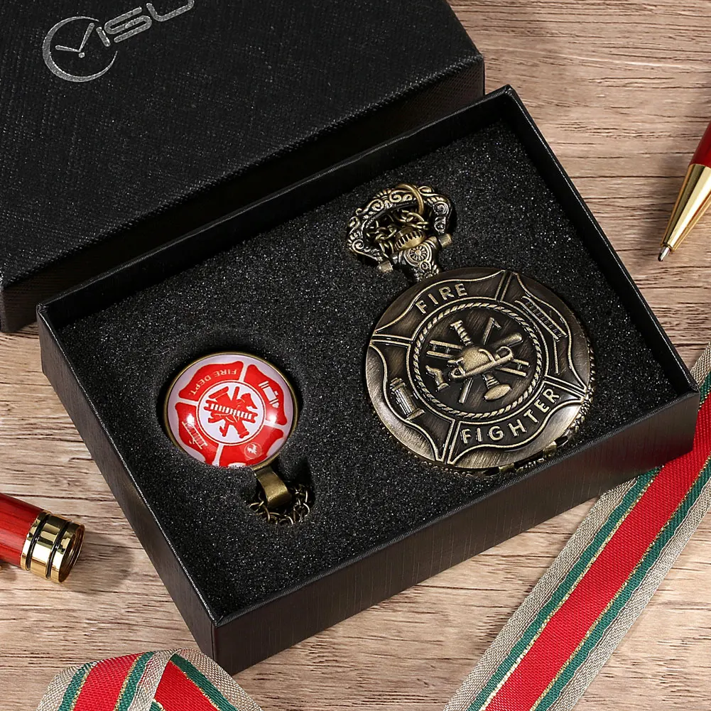 Bronze Pocket Watch Necklace Men Fire Sign Best Souvenir Gift for Firemen Red Pendent Steampunk Pocket Watch Fob Chain Clock