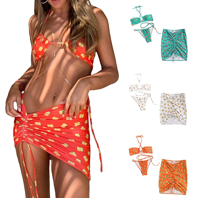 Женский летний комплект бикини из 3 предметов с принтом в виде картошки