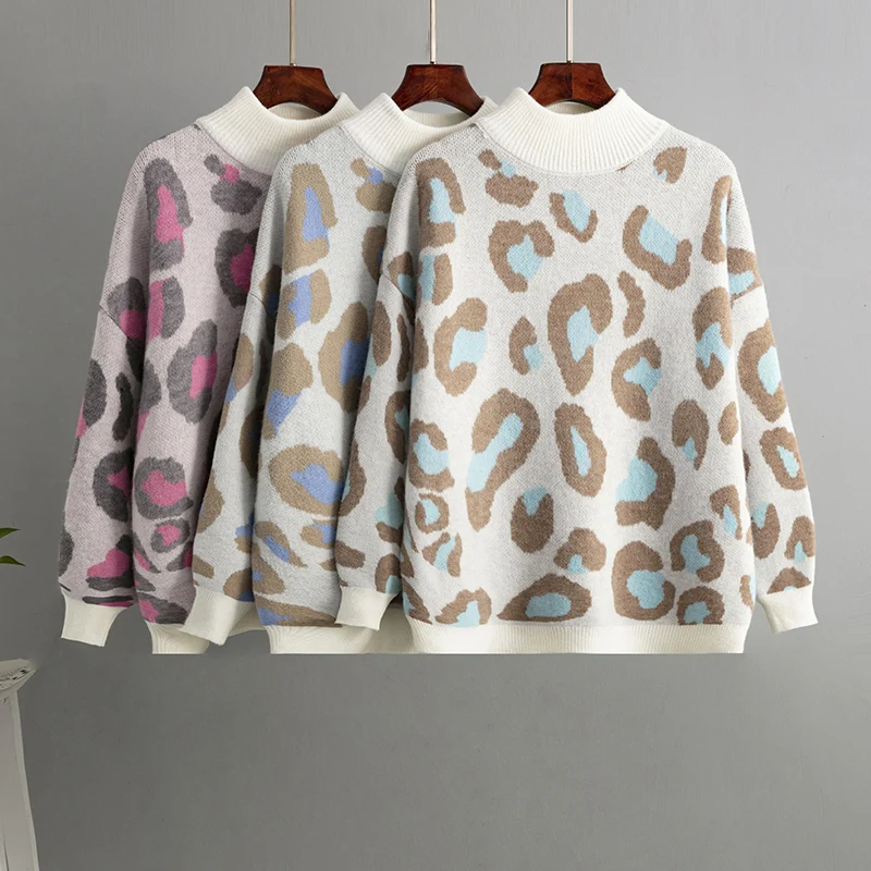 

Winter Women's Sweater Leopard Print Animal Basic White Turtleneck Oversize Jumper Vintage Warm Knitted Sweaters for Women's