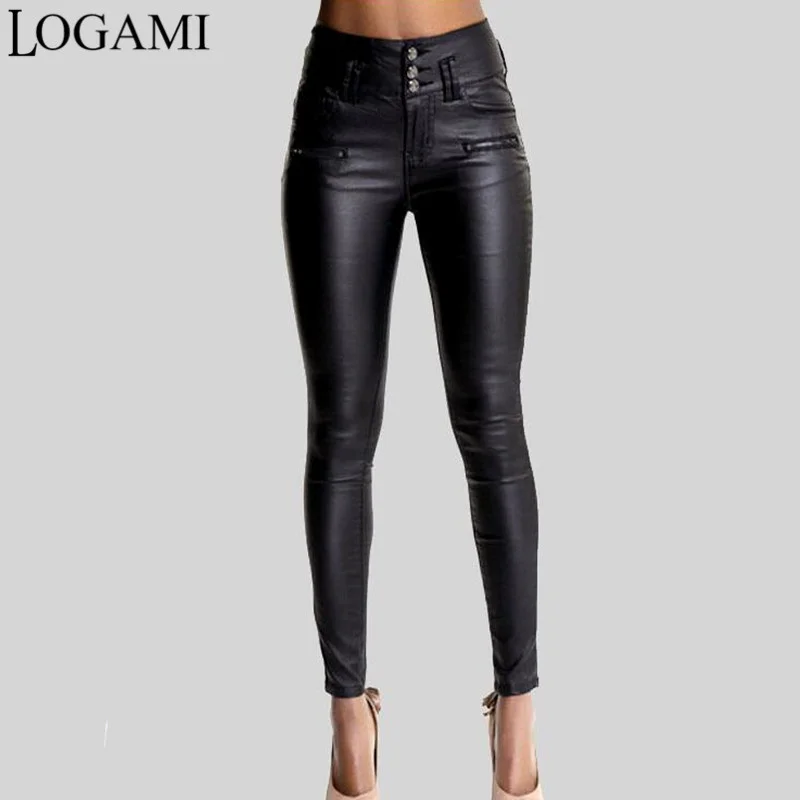 

LOGAMI Women Pu Leather Pants Black Sexy Stretch Bodycon Trousers Women High Waist Long Pants