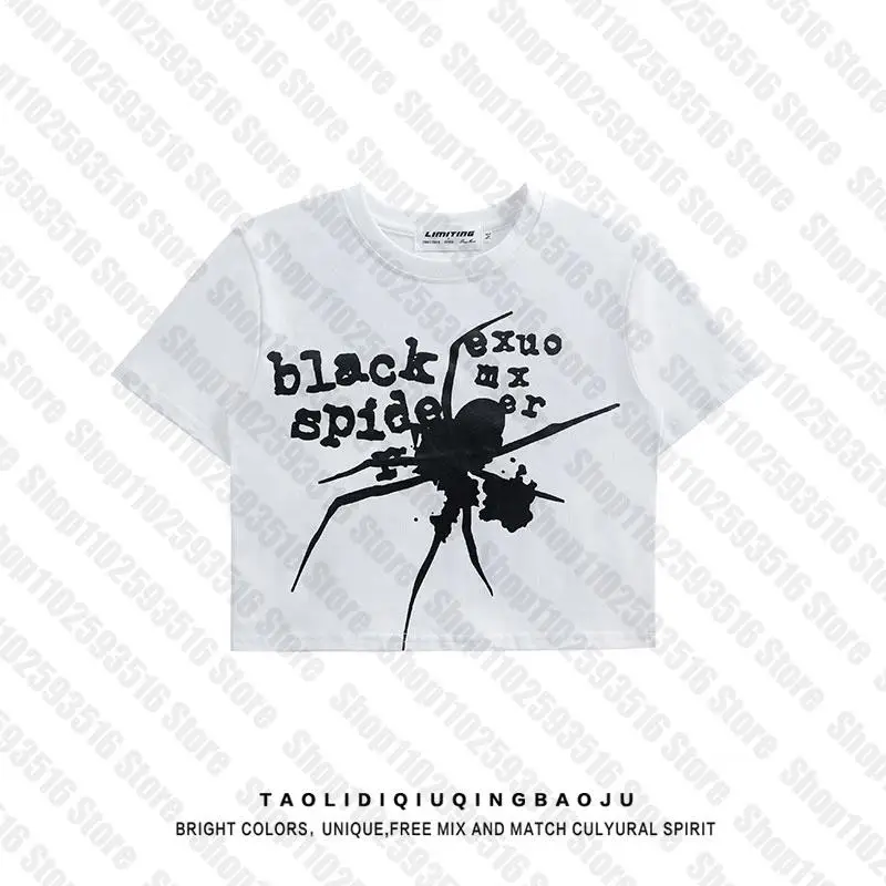 

Goth streetwear spider girl print Baby Tee Vintage Street Women Grunge T-shirt Y2k Clothes Aesthetic Cute Emo girl Slim Crop Top
