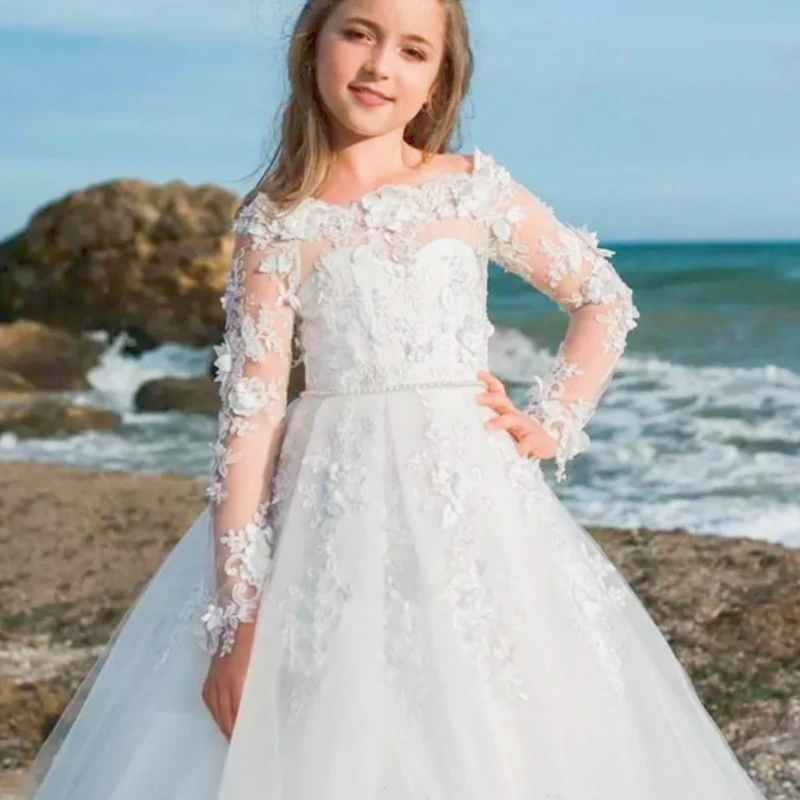 

Белые пышные кружевные платья с цветочным рисунком для свадеб, женское бальное платье для первого Святой причастия, Пышное Платье