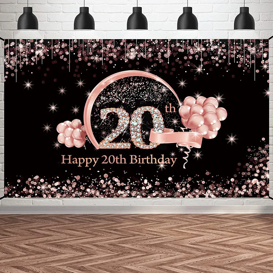 

Happy 20th Birthday Backdrop Pink Rose Gold Frame Background Glitter Sequin Anniversary Party Poster Table Banner Photo Booth