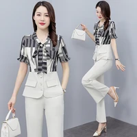 summer suits for women 2022 new temperament celebrity style foreign style thin printed top high flared pants two piece set