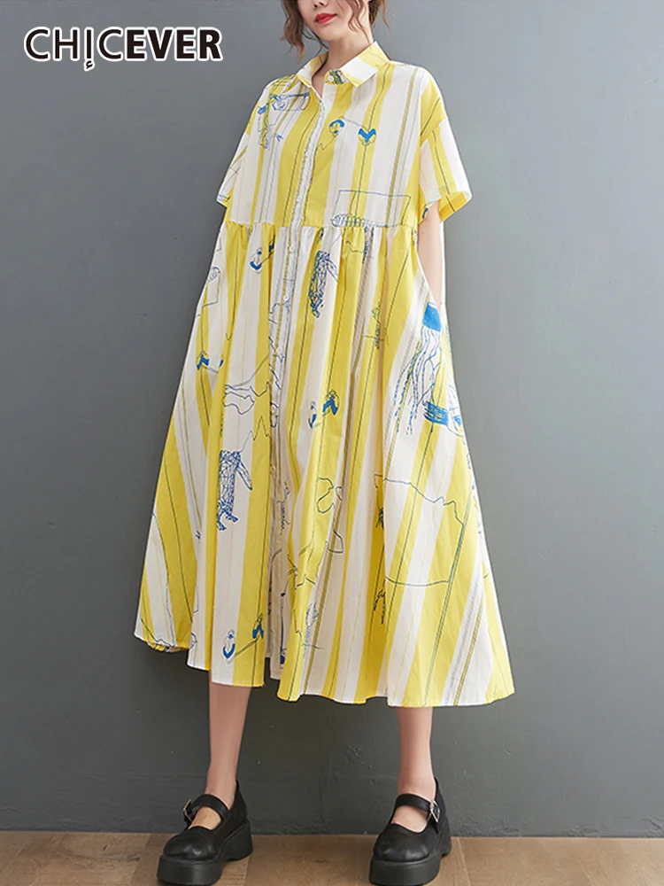 

CHICEVER Print Colorblock Dress For Women Lapel Short Sleeve Straight Loose Waist Dresses Female 2022 Summer Fashion Clothes New