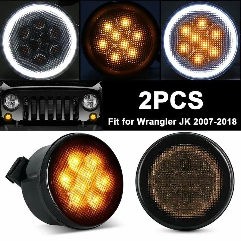 

Front LED Turn Signal Light Assembly with White Halo Smoke Lens for 2007 to 2011 2012 2013 2014 2015 2016 2017 Jeep Wrangler JK