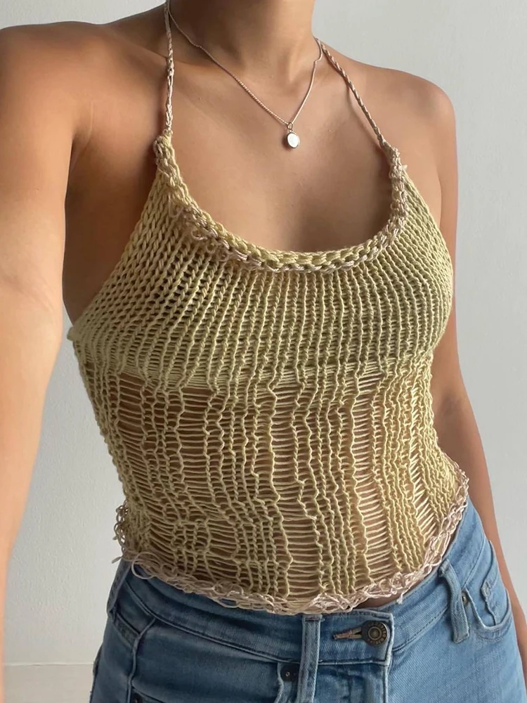 

Summer Women Sexy Halter Neck Vest Casual Slim Sleeveless Tops Ladies Solid Hollow Out Backless Short Style Tank Tops Female