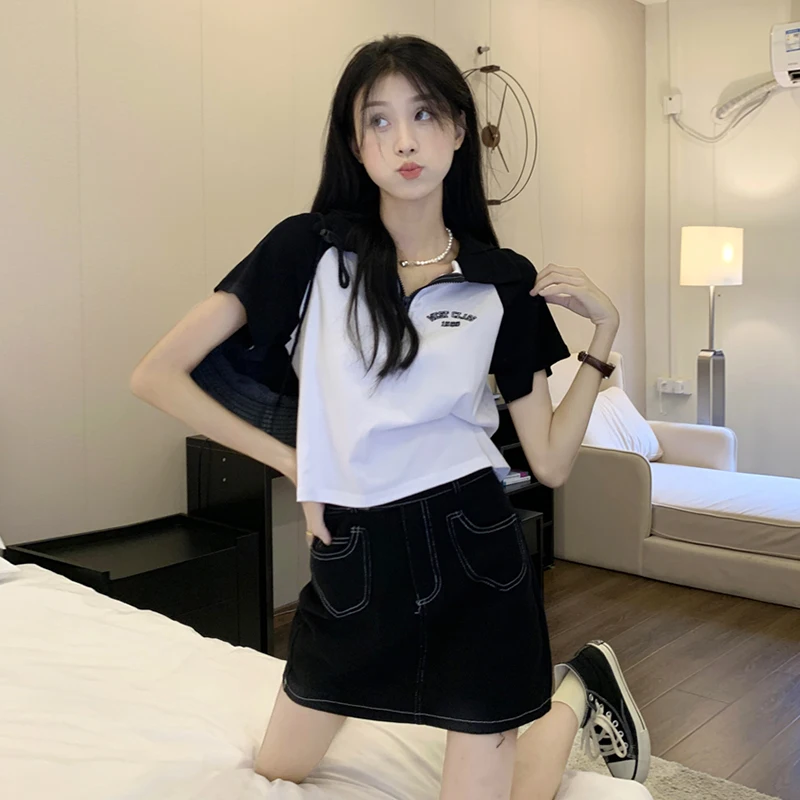 

Spice Girl polo collar short sleeve T-shirt women's summer 2022 new design sense niche Hong Kong style straight shoulder short t