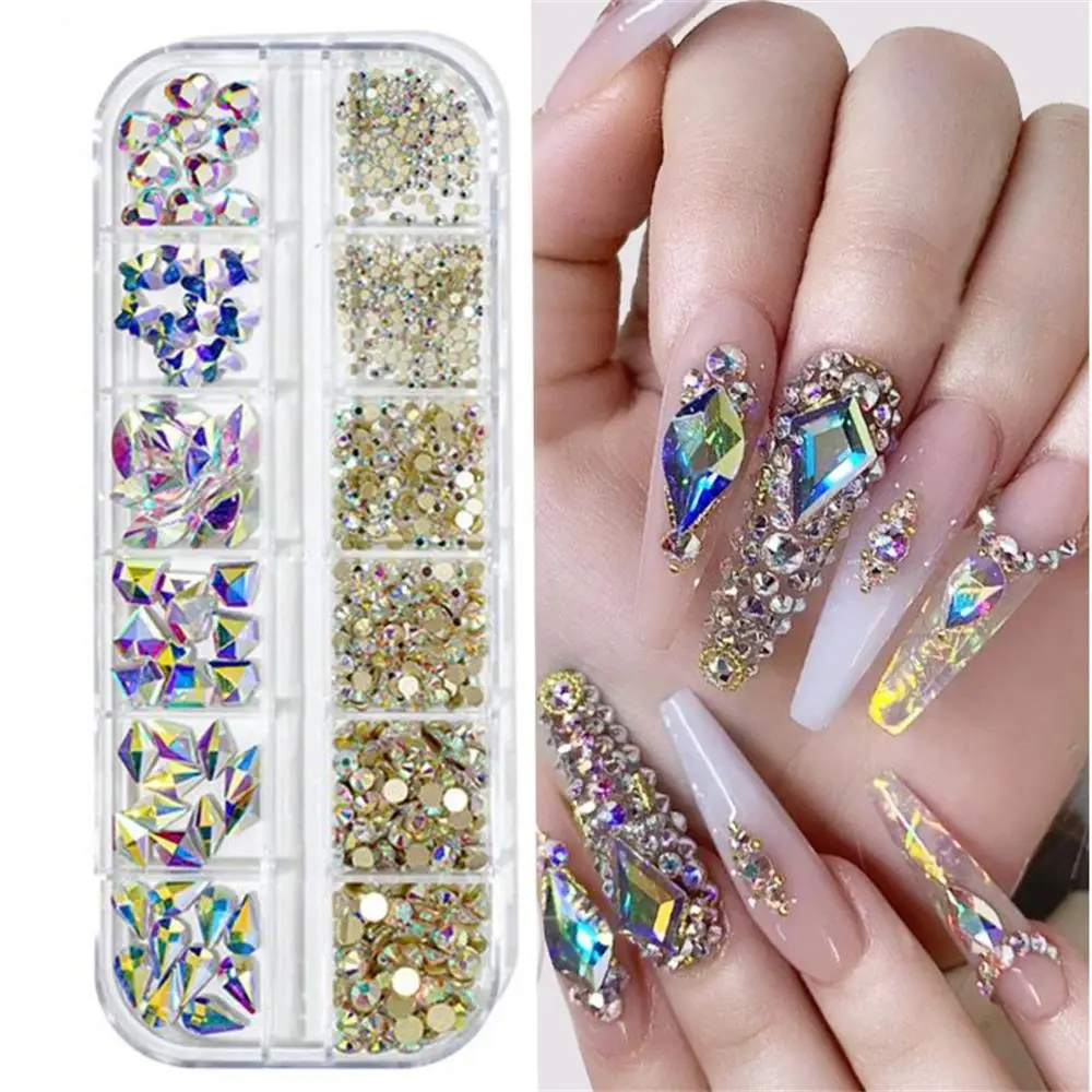 

1Box Glass Rhinestones Nail Gems 3D Mixed Size Shape Crystal AB Flat Back Nail Rhinestones Colorful Nails Jewelry DIY Manicure #